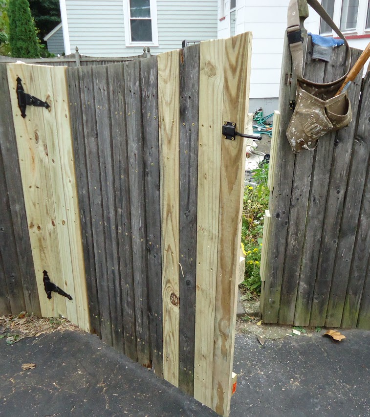 An old fence gate with boards replaced by Pit Pro Handyman. The gate is two sections eight feet wide with a curved cut top and black metal hardware hinges and lock. A tool belt is hanging on the repaired fence. 