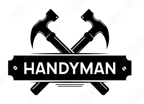Two hammers crossed logo with a plaque and the word handyman, all in color black. 