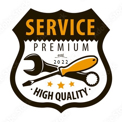 yellow and black icon shield shape, service text at top, premium estd. 2022 text middle, high quality text bottom, a screwdriver and wrench crossed in the middle 