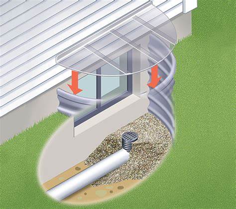 Basement window drainage structure using a pipe, inlet and gravel to prevent water intrusion into the basement 