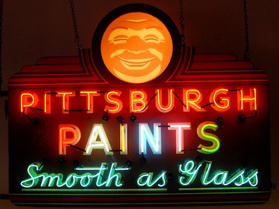 Pittsburgh Paints historic neon sign reads "Pittsburgh PAINTS Smoothe As Glass? 